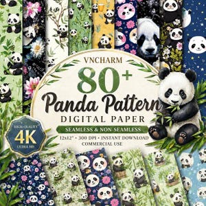 May include: A digital paper set featuring various panda patterns. The image showcases multiple designs with pandas, flowers, and bamboo. The text reads "80+ Panda Pattern Digital Paper" and includes "4K Ultra HD" and "Commercial Use."