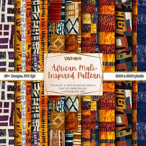 Op de afbeelding: Een digitaal papierpakket met meer dan 25 Afrikaanse Mali-geïnspireerde patronen. De patronen zijn een mix van geometrische vormen, strepen en dierenprints in tinten oranje, geel, bruin, blauw en paars. De tekst "African Mali-Inspired Pattern" wordt weergegeven in een witte doos.