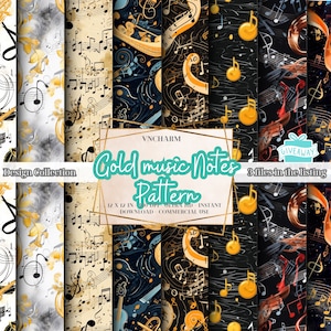 60+ Golden Music Notes Pattern, 4K, Ultra HD, 4096 x 4096 Px, 12x12" 300 Dpi Instant Download, Seamless & Non-seamless pattern