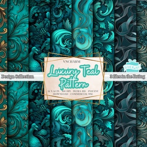 Könnte beinhalten: Ein Set aus drei digitalen Papierdesigns mit komplizierten Mustern in Türkis und Gold. Die Muster umfassen ein Pfauenmuster, ein Blumenmuster und ein wirbelndes Bandmuster. Der Text "Luxury Teal Pattern" wird auf weißem Hintergrund angezeigt.