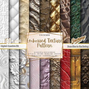 May include: A digital creative kit showcasing various embossed texture patterns. The image displays a collection of seamless and non-seamless designs, including leather, floral, and geometric styles. Each pattern is 12 x 12 inches and 300 DPI, suitable for commercial use.
