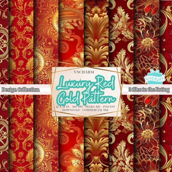 120+ Seamless Red Gold Pattern (4K, Ultra HD, 4096 x 4096 Px) - Free 3 Files 12x12" 300 Dpi Instant Download Commercial Use