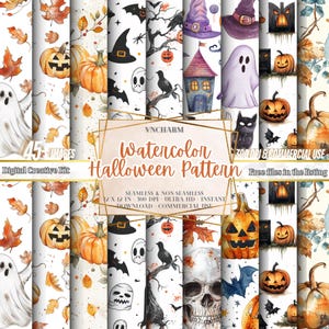Watercolor Halloween Seamless Digital Paper Print, Cute Halloween, Seamless Pattern Repeat Sublimation Design Wallpaper Spooky Ghost Pumpkin