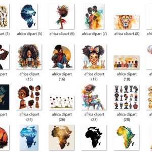 K&ouml;nnte beinhalten: Eine Sammlung von 31 digitalen Illustrationen mit verschiedenen afrikanischen Themen. Die Illustrationen zeigen Tiere, Menschen, Landschaften und kulturelle Symbole. Die Illustrationen sind im Aquarellstil gehalten und eignen sich perfekt f&uuml;r die Verwendung in digitalen Projekten.