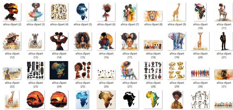 K&ouml;nnte beinhalten: Eine Sammlung von 31 digitalen Illustrationen mit verschiedenen afrikanischen Themen. Die Illustrationen zeigen Tiere, Menschen, Landschaften und kulturelle Symbole. Die Illustrationen sind im Aquarellstil gehalten und eignen sich perfekt f&uuml;r die Verwendung in digitalen Projekten.