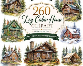 260 Log Cabin House Clipart Bundle, Rustic Cottage PNG, Forest Cabin Watercolor Graphics, Woodland Home Clipart Commercial Use