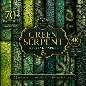 70+ Green Serpent Digital Paper Pack, Snake Seamless Patterns PNG, Reptile Scale Backgrounds, 4K Sublimation Textures