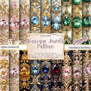 Puede incluir: Un kit creativo digital con 55 imágenes de patrones de joyas barrocas. Los diseños presentan marcos dorados ornamentados con joyas rosas, azules, verdes y rojas. El texto dice "Baroque Jewels Pattern" y "Digital Creative Kit". Las imágenes miden 12 x 12 pulgadas.