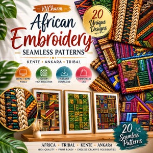 African Embroidery Digital Paper Pack, Kente & Ankara Seamless Patterns, Tribal Fabric Textures PNG, 4K Commercial Use