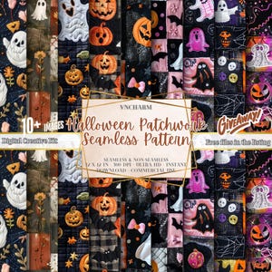 May include: A digital creative kit showcasing Halloween patchwork seamless patterns. The patterns feature pumpkins, ghosts, bats, and spiderwebs in various colours. The image includes text that says "Halloween Patchwork Seamless Pattern" and "Giveaway!"