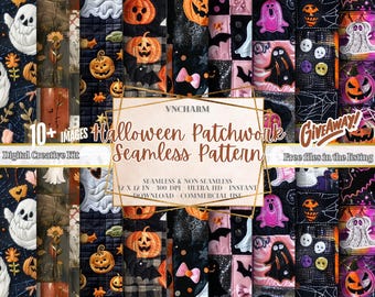 May include: A digital creative kit featuring Halloween patchwork seamless patterns. The patterns include pumpkins, ghosts, bats, and spiderwebs in various colors. The image includes text that says "Halloween Patchwork Seamless Pattern" and "Giveaway!"