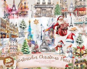 Christmas Paris Clipart Bundle, 250 Watercolor Eiffel Tower PNGs