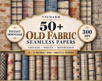 May include: A digital collection of 50+ old fabric seamless papers featuring various woven and distressed textures in shades of blue, red, and beige. The image includes text stating 50+ OLD FABRIC SEAMLESS PAPERS, 12 x 12 INCHES, and 300 DPI.
