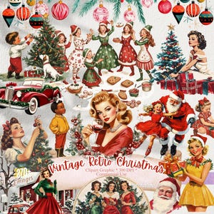 Más de 500 imágenes prediseñadas navideñas retro vintage / Gráficos navideños vintage, efímeras navideñas, retro de los años 50, imágenes PNG navideñas retro, uso comercial