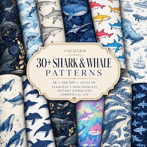 30+ Shark and Whale Seamless & non-seamless Pattern (4K, Ultra HD, 4096 x 4096 Px) 12x12" 300 Dpi Instant Download Commercial Use