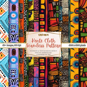 Może przedstawiać: Cyfrowy plik do pobrania zawierający ponad 40 wzorów bezszwowych tkanin Kente w różnych kolorach i wzorach. Wzory mają rozmiar 4096 x 4096 pikseli i rozdzielczość 300 dpi. Tekst "UNCHARM Kente Cloth Seamless Pattern" jest wyświetlany w białym polu z złotą ramką.