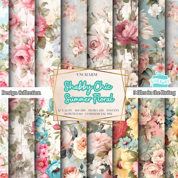 150+ Seamless Shabby Chic Summer Floral (4K, Ultra HD, 4096 x 4096 pixels) Digital Papers 12x12" 300 Dpi Instant Download Commercial Use