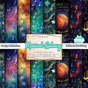 May include: A digital collage of 3 seamless and non-seamless digital paper designs featuring a galaxy background with musical notes and stars. The text "Musical Galaxy" is in the center of the image. The text "Design Collection" is in the top left corner of the image. The text "3 files in the listing" is in the top right corner of the image. The text "SEAMLESS & NON-SEAMLESS 12 X 12 IN - 300 DPI - ULTRA HD - INSTANT DOWNLOAD - COMMERCIAL USE" is in the center of the image.