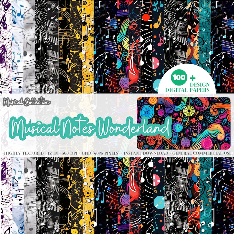 May include: A set of 100+ digital papers featuring colorful musical notes and swirls on a black background. The text "Musical Notes Wonderland" is displayed in a teal banner. The text "100+ DESIGN DIGITAL PAPERS" is displayed in a white circle with a teal border.