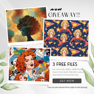 May include: Three digital seamless patterns featuring a woman with red hair in a comic book style, a woman with blonde hair in a superhero costume, and a woman with black hair in a silhouette style. The patterns are 4096 x 4096 pixels and are available for instant download with commercial use.