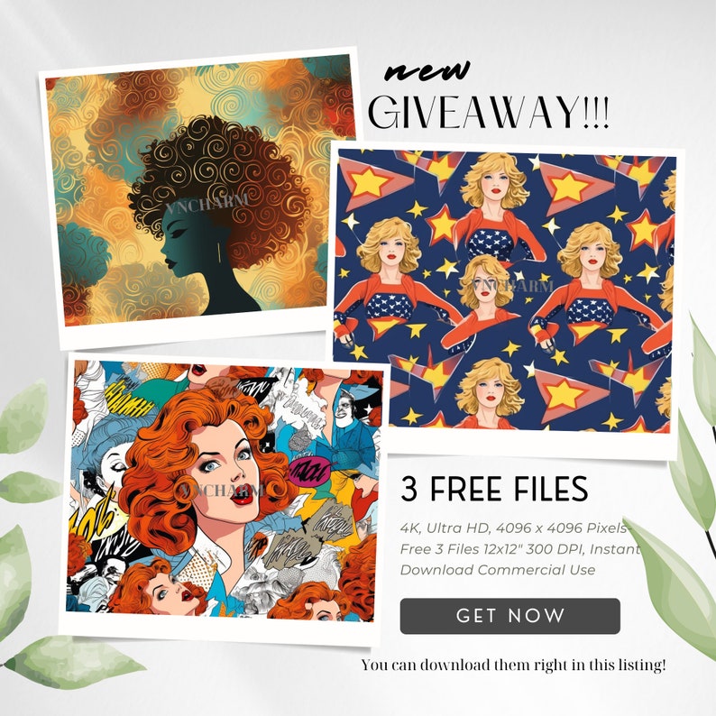 May include: Three digital seamless patterns featuring a woman with red hair in a comic book style, a woman with blonde hair in a superhero costume, and a woman with black hair in a silhouette style. The patterns are 4096 x 4096 pixels and are available for instant download with commercial use.