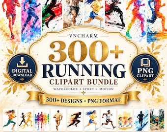 Op de afbeelding: Een digitaal clipart-pakket met meer dan 300 aquarelillustraties van hardlopers in beweging. De centrale tekst luidt VNCHARM 300+ RUNNING CLIPART BUNDLE, met extra labels voor digitale download, PNG-formaat en diverse creatieve toepassingen.