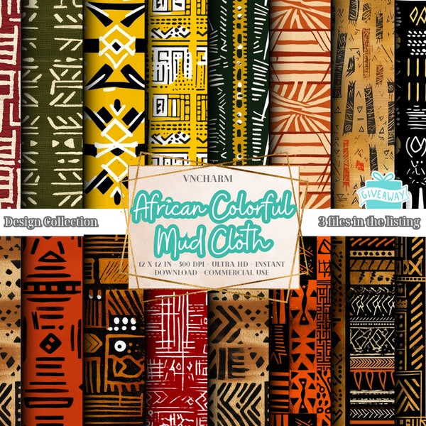 Plus de 65 ans, motif africain sans couture de boue colorée (4K, Ultra HD, 4096 x 4096 px) - 3 fichiers gratuits 12 x 12 po. 300 ppp, téléchargement immédiat, usage commercial