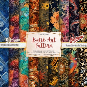 Könnte beinhalten: Ein digitaler Download von über 90 Batik-Mustern in verschiedenen Farben und Designs. Die Muster sind nahtlos und nicht nahtlos und sind in 12x12 Zoll bei 300 DPI erhältlich. Die Muster sind perfekt für den Einsatz in digitalem und physischem Handwerk, wie z. B. Scrapbooking, Kartenherstellung und Stoffdesign.