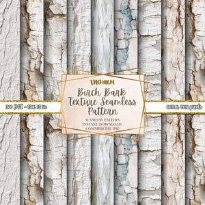 Op de afbeelding: Een digitaal naadloos patroon met een berkenbasttextuur. Het ontwerp bevat verticale panelen van witte, grijze en bruine schors. De afbeelding bevat de tekst "VNCHARM Birch Bark Texture Seamless Pattern" en "300 DPI - 30,48 x 30,48 cm".