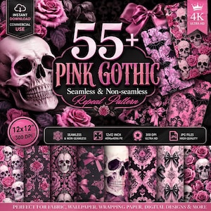 55+ Pink Gothic Seamless Patterns, Dark Feminine Digital Paper Pack 4K, Gothic Rococo Sublimation Backgrounds for Crafts & POD