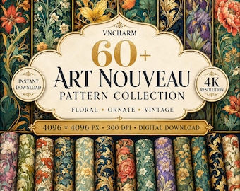 May include: A digital collection of 60+ Art Nouveau patterns featuring floral and ornate designs. The image displays various rolls of patterned paper with rich colors, including red, gold, blue, and purple. Text includes 4096 x 4096 PX, 300 DPI.