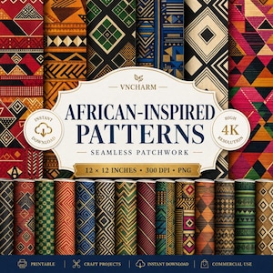 African-Inspired Patterns Seamless Patchwork | Kente Patterns | 12x12" | 300 DPI | Instant Download | Commercial Use, Africa, Tribal