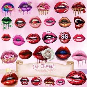 以下が含まれることがあります： さまざまなスタイルと色で140以上のデジタルリップクリップアート画像のコレクション。唇は花、バラ、棘、ドル記号、そして垂れ下がったペイントで飾られています。テキスト「Lip Clipart」はスクロールに書かれています。