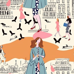 May include: A digital illustration of women in a city setting. The women are wearing stylish outfits with polka dots and hats. The background features buildings and birds.