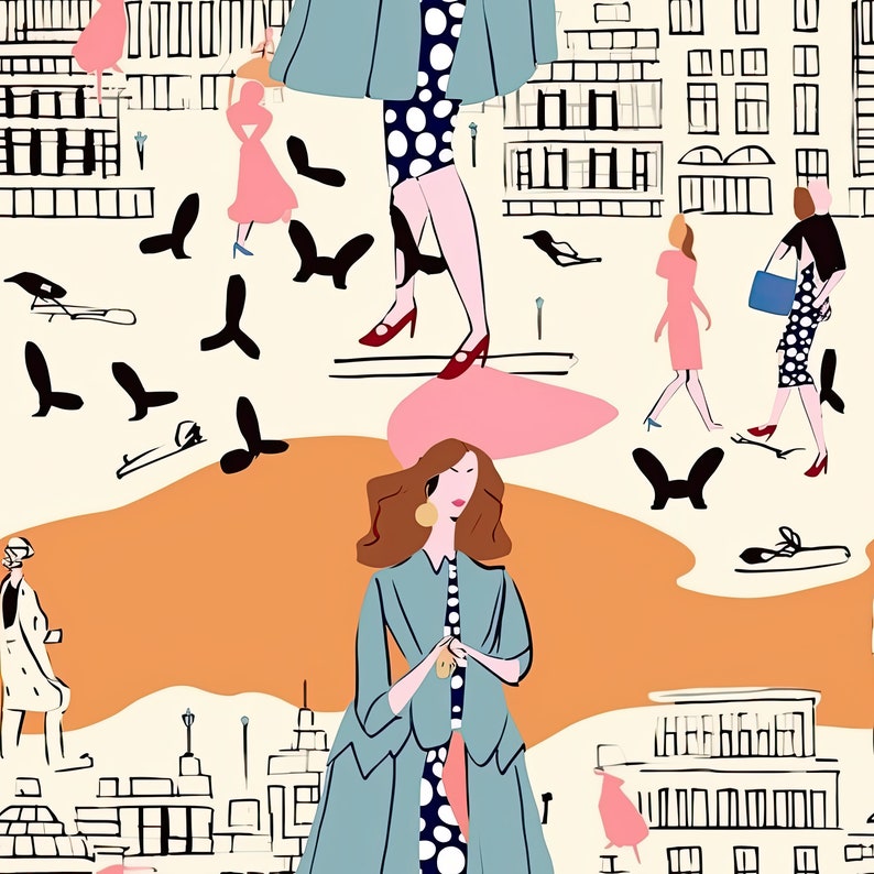May include: A digital illustration of women in a city setting. The women are wearing stylish outfits with polka dots and hats. The background features buildings and birds.