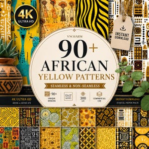 90+ African Yellow Seamless Pattern Bundle, African Digital Paper Pack 12x12 PNG, Tribal Textile Print, 4K Commercial Use