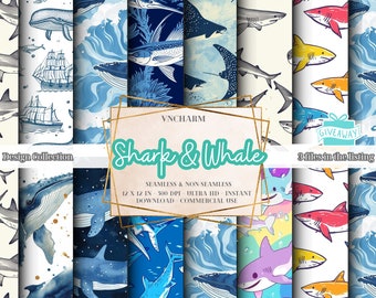 30+ Shark and Whale Seamless & non-seamless Pattern (4K, Ultra HD, 4096 x 4096 Px) 12x12" 300 Dpi Instant Download Commercial Use