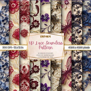 May include: A digital paper pack with 12x12 inch seamless patterns featuring 3D lace designs in red, blue, and purple. The patterns are perfect for scrapbooking, card making, and other craft projects.
