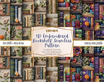 21 patrones sin costuras de estanterías 3D bordadas / Libros florales PNG, Álbum de recortes, Tela, Impresión por sublimación, Papel digital, Descarga instantánea