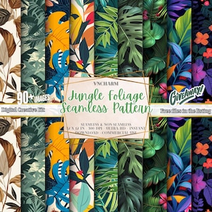 May include: A digital download of 90+ jungle foliage seamless patterns. The patterns feature vibrant colors and tropical leaves. The text on the image reads "90+ IMAGES Digital Creative Kit VNCHARM Jungle Foliage Seamless Pattern SEAMLESS & NON-SEAMLESS 12 X 12 IN 300 DPI ULTRA HD INSTANT DOWNLOAD COMMERCIAL USE GIVEAWAY Free files in the listing".