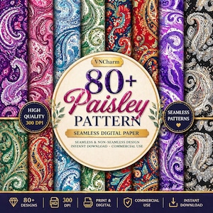 May include: A digital paper pack featuring over 80 paisley patterns in various colors, including purple, pink, and green. The image includes a central circular graphic with the text "80+ Paisley Pattern" and details about seamless digital paper.