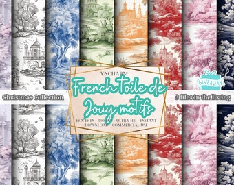90+ French Toile De Jouy Seamless Pattern (4K, Ultra HD, 4096 x 4096 Px) - Free 3 Files 12x12" 300 Dpi Instant Download Commercial Use