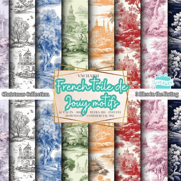 90+ French Toile De Jouy Seamless Pattern (4K, Ultra HD, 4096 x 4096 Px) - Free 3 Files 12x12" 300 Dpi Instant Download Commercial Use