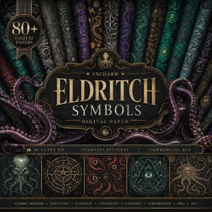 Paquete de papeles digitales con símbolos cósmicos / PNG de horror cósmico, patrón gótico lovecraftiano, sublimación de tentáculos de Cthulhu, fondo oscuro ocultista
