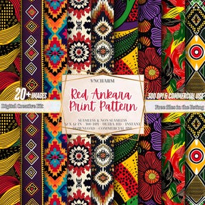 May include: A digital creative kit of 20+ red, yellow, green, blue, and black Ankara print patterns. The patterns are seamless and non-seamless, 30.5 cm x 30.5 cm, 300 DPI, and for instant download and commercial use.