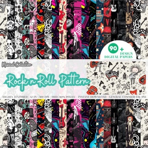 90+ Rock n Roll Digital Paper Pack (4K, UHD) (digitale Kunst, Musiknoten, nahtlose und nicht nahtlose Designs, Rock, Musik Themen), kommerzielle Nutzung