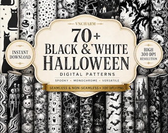 70+ Black & White Halloween Digital Papers, Spooky Pattern Bundle, 4K PNG