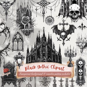 Black Gothic Clipart | 100+ Black and White Gothic, Skull, Arch, Castle, Lamp, Tattoo Art, Catheral Transparent Background, Instant Download