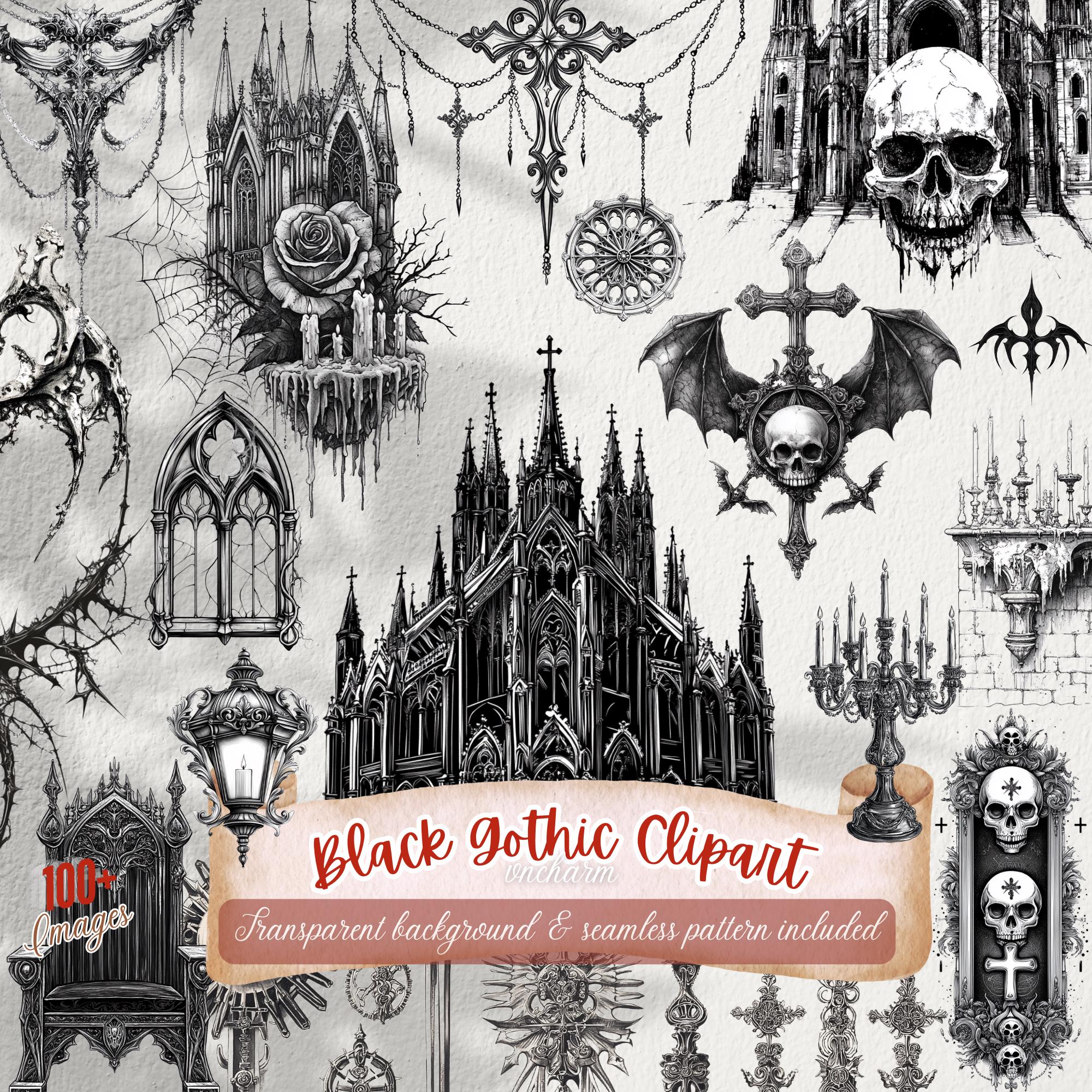 Black Gothic Clipart | 100+ Black and White Gothic, Skull, Arch, Castle, Lamp, Tattoo Art, Catheral Transparent Background, Instant Download