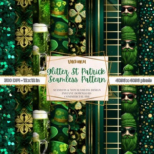 Op de afbeelding: Een set van 12x12 inch digitale papierpatronen met een groene, gouden en zwarte kleurstelling met klavertjesvier, kabouters en bierkruiken. De tekst "glitter St Patrick Seamless Pattern" wordt weergegeven op de afbeelding.